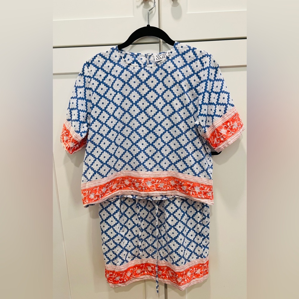 SET-J.CREW x SZ BLOCKPRINTS SHORT SLEEVE TOP & MINI SKIRT SET, SIZE S. - Picture 2 of 12
